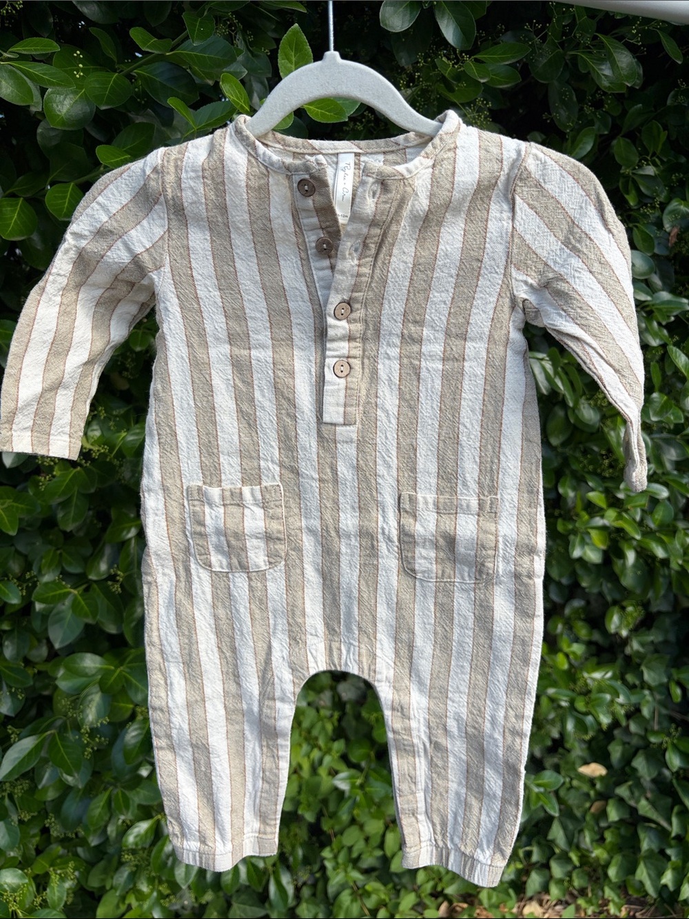 Rylee + Cru Beige & White Striped Baby One-Piece Footie